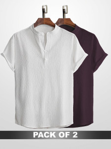 wuxi men relaxed fit solid mandarin collar casual shirt pack of 2