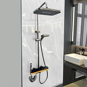 luxury 4in1 thermostatic shower systemfront hydero power ledlarge overhead shower3ways handheldhidden tub spout2mode bigethotcold mixture set panel yellow
