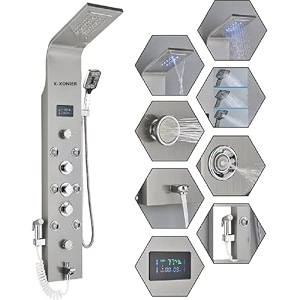 x-xonier stainless steel 304 grade shower panel 8in1 thermostatic system with led rainfall waterfall body massager 6 mist spray 3 ways extra large handshower temp display health faucet silver