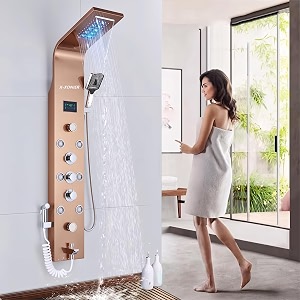 x-xonier stainless steel 304 grade shower panel 8in1 thermostatic system with led rainfall waterfall body massager 6 mist spray 3 ways extra large handshower temp display health faucet rose gold