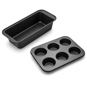 xacton baking pan set of 2 - loaf cake bread tin amp 6 cup muffin cupcake tray  non-stick bakeware moulds for home baking cakes bread muffins cupcakes amp desserts  microwave oven otg safe  black