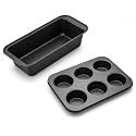 Xacton Baking Pan Set of 2 - Loaf Cake Bread Tin & 6 Cup Muffin Cupcake Tray | Non-Stick Bakeware Moulds for Home Baking, Cakes, Bread, Muffins, Cupcakes & Desserts | Microwave Oven OTG Safe – Black