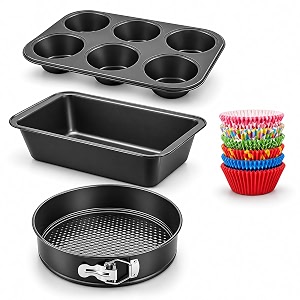 xacton 4-piece non-stick bakeware set for home baking  6-cup muffin tray loaf bread pan round springform cake tin amp 100 cupcake liners  cake bread brownie amp muffin baking moulds  black