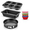 Xacton 4-Piece Non-Stick Bakeware Set for Home Baking | 6-Cup Muffin Tray, Loaf Bread Pan, Round Springform Cake Tin &amp; 100 Cupcake Liners | Cake, Bread, Brownie &amp; Muffin Baking Moulds | Black