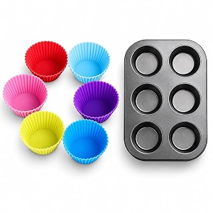 xacton non-stick 6 cup muffin baking tray with reusable silicone cupcake liners  round shape baking cups  easy release amp easy clean  for chocolate biscuit brownies amp homemade desserts