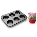 Xacton Non-Stick 6 Slot Muffin Baking Tray with 100 Paper Cupcake Liners | Reusable Microwave Oven Safe | Heavy Duty Carbon Steel Bakeware for Cupcakes, Brownies, Mini Cakes & Desserts