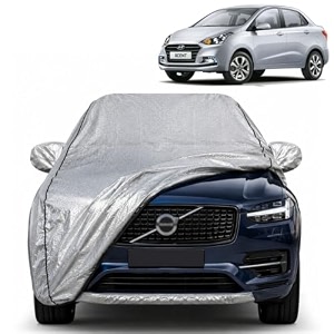 xcent 100 waterproof car cover  dustproof sun protection cover  soft cotton lining  triple stitched  mirror pocket  antenna pocket  all weather body cover silver with yellow piping