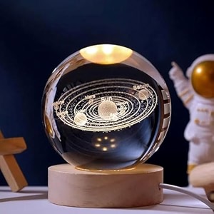 xenith 3d engraved solar planet crystal ball led night table lamp with wooden base usb powered for bedroom home office birthday anniversary birthday astronomy decor warm white
