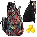 Sling Bag Sports Pickleball Bag Pickleball Backpack for Men Women Adjustable Tennis Bag for Pickleball Paddle with Fence Hook,Water Bottle Holder (Leaves)