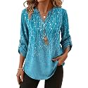 XIEERDUO 3/4 Length Sleeve Womens Tops V Neck T Shirts Both Side Buttons Blouses Business Casual Outfits Loose Fit
