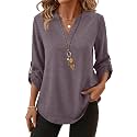 XIEERDUO 3/4 Length Sleeve Womens Tops V Neck T Shirts Both Side Buttons Blouses Business Casual Outfits Loose Fit