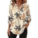 XIEERDUO 3/4 Length Sleeve Womens Tops V Neck T Shirts Both Side Buttons Blouses Business Casual Outfits Loose Fit