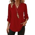 XIEERDUO 3/4 Length Sleeve Womens Tops V Neck T Shirts Both Side Buttons Blouses Business Casual Outfits Loose Fit