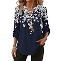 XIEERDUO 3/4 Length Sleeve Womens Tops V Neck T Shirts Both Side Buttons Blouses Business Casual Outfits Loose Fit