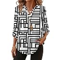 XIEERDUO 3/4 Length Sleeve Womens Tops V Neck T Shirts Both Side Buttons Blouses Business Casual Outfits Loose Fit