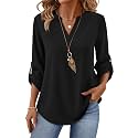 XIEERDUO 3/4 Length Sleeve Womens Tops V Neck T Shirts Both Side Buttons Blouses Business Casual Outfits Loose Fit