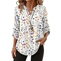 XIEERDUO 3/4 Length Sleeve Womens Tops V Neck T Shirts Both Side Buttons Blouses Business Casual Outfits Loose Fit