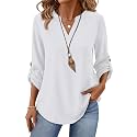 XIEERDUO 3/4 Length Sleeve Womens Tops V Neck T Shirts Both Side Buttons Blouses Business Casual Outfits Loose Fit