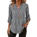 XIEERDUO 3/4 Length Sleeve Womens Tops V Neck T Shirts Both Side Buttons Blouses Business Casual Outfits Loose Fit