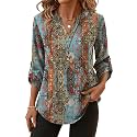XIEERDUO 3/4 Length Sleeve Womens Tops V Neck T Shirts Both Side Buttons Blouses Business Casual Outfits Loose Fit