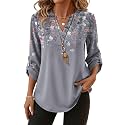XIEERDUO 3/4 Length Sleeve Womens Tops V Neck T Shirts Both Side Buttons Blouses Business Casual Outfits Loose Fit