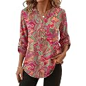 XIEERDUO 3/4 Length Sleeve Womens Tops V Neck T Shirts Both Side Buttons Blouses Business Casual Outfits Loose Fit