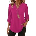 XIEERDUO 3/4 Length Sleeve Womens Tops V Neck T Shirts Both Side Buttons Blouses Business Casual Outfits Loose Fit