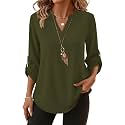 XIEERDUO 3/4 Length Sleeve Womens Tops V Neck T Shirts Both Side Buttons Blouses Business Casual Outfits Loose Fit
