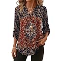 XIEERDUO 3/4 Length Sleeve Womens Tops V Neck T Shirts Both Side Buttons Blouses Business Casual Outfits Loose Fit