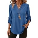 XIEERDUO 3/4 Length Sleeve Womens Tops V Neck T Shirts Both Side Buttons Blouses Business Casual Outfits Loose Fit