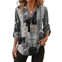 XIEERDUO 3/4 Length Sleeve Womens Tops V Neck T Shirts Both Side Buttons Blouses Business Casual Outfits Loose Fit