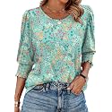 XIEERDUO Blouses for Women Dressy Casual 3/4 Length Sleeve Womens Tops with Smocked Cuffs