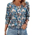 XIEERDUO Blouses for Women Dressy Casual 3/4 Length Sleeve Womens Tops with Smocked Cuffs