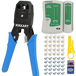 xikkart 6 in 1 combo set rj45 rj11 crimping tool kit for cat5ecat6 with network cable tester 20pcs connector and 20pcs strain relief boot cover cap and wire stripper and cutter tool 9v battery