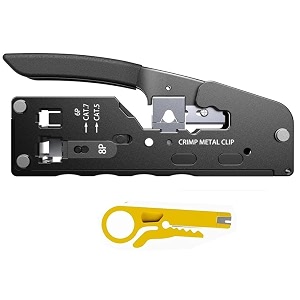 xikkart pass through cat7  cat5 crimping tool kit with cable stripper and cutter for network rj45 ethernet lan cable compatible with connectors cat7 black