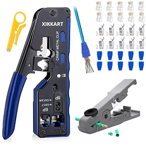 xikkart crimping tool rj45 pass through all-in-one ethernet crimper cat7 cat6 cat5e tools with universal stripper 10pc cat6 and 10pc cat7 passthrough connectors 10pc covers wire cuttermulticolor