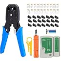XIKKART RJ45 RJ11 Crimping Tool Kit – All-in-One Ethernet Crimper Set with Wire Stripper Cutter, Network Cable Tester (9V Battery), 20 RJ45 Connectors &amp; 20 Boots for Cat6 Cat5e Cat5 LAN Cable