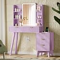 Xixini Fluted Vanity Desk with LED Lights Mirror &amp; Charging Station, Purple