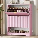 Xixini Shoe Storage Cabinet for Entryway with 2 Flip Drawers, Hidden Slim Wood Shoe Organizer with Modern Fluted Panel, Freestanding Narrow Shoe Rack for Front Door Entrance, Hallway, Foyer, Pink