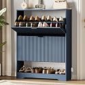 Xixini Shoe Storage Cabinet for Entryway with 2 Flip Drawers, Hidden Slim Wood Shoe Organizer with Modern Fluted Panel, Freestanding Narrow Shoe Rack for Front Door Entrance, Hallway, Foyer, Blue
