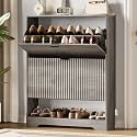 Xixini Shoe Storage Cabinet for Entryway with 2 Flip Drawers, Hidden Slim Wood Shoe Organizer with Modern Fluted Panel, Freestanding Narrow Shoe Rack for Front Door Entrance, Hallway, Foyer, Grey