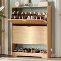 Xixini Shoe Storage Cabinet for Entryway with 2 Flip Drawers, Hidden Slim Wood Shoe Organizer with Modern Fluted Panel, Freestanding Narrow Shoe Rack for Front Door Entrance, Hallway, Foyer, Oak