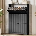Xixini Shoe Storage Cabinet for Entryway with 3 Flip Drawers, Hidden Slim Wood Shoe Organizer with Modern Fluted Panel, Freestanding Narrow Shoe Rack for Front Door Entrance, Hallway, Foyer, Black