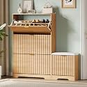 Xixini Shoe Storage Cabinet for Entryway with 3 Flip Drawers &amp; Bench, Slim Wood Shoe Organizer with Modern Fluted Panel, Freestanding Narrow Shoe Rack for Front Door Entrance, Hallway, Foyer, Oak