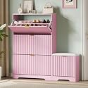 Xixini Shoe Storage Cabinet for Entryway with 3 Flip Drawers &amp; Bench, Slim Wood Shoe Organizer with Modern Fluted Panel, Freestanding Narrow Shoe Rack for Front Door Entrance, Hallway, Foyer, Pink