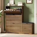 Xixini Shoe Storage Cabinet for Entryway with 3 Flip Drawers &amp; Bench, Slim Wood Shoe Organizer with Modern Fluted Panel, Freestanding Narrow Shoe Rack for Front Door Entrance, Hallway, Foyer, Walnut