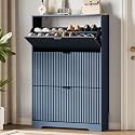 Xixini Shoe Storage Cabinet for Entryway with 3 Flip Drawers, Hidden Slim Wood Shoe Organizer with Modern Fluted Panel, Freestanding Narrow Shoe Rack for Front Door Entrance, Hallway, Foyer, Blue