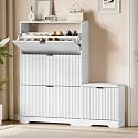Xixini Shoe Storage Cabinet for Entryway with 3 Flip Drawers &amp; Bench, Slim Wood Shoe Organizer with Modern Fluted Panel, Freestanding Narrow Shoe Rack for Front Door Entrance, Hallway, Foyer, White