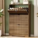 Xixini Shoe Storage Cabinet for Entryway with 3 Flip Drawers, Hidden Slim Wood Shoe Organizer with Modern Fluted Panel, Freestanding Narrow Shoe Rack for Front Door Entrance, Hallway, Foyer, Walnut