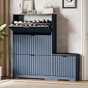 Xixini Shoe Storage Cabinet for Entryway with 3 Flip Drawers &amp; Bench, Slim Wood Shoe Organizer with Modern Fluted Panel, Freestanding Narrow Shoe Rack for Front Door Entrance, Hallway, Foyer, Blue